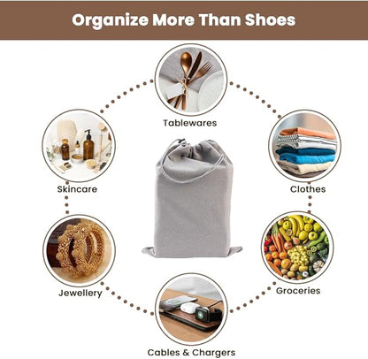 LFH Cotton Rich Shoe Storage Bags with Drawstring, Dustproof Breathable Reusable Organizer, Perfect For Travel, Dorm, Hotel, College, Gym, Easy to Carry, Machine Washable 8"x17" (Pack of 4) - Grey