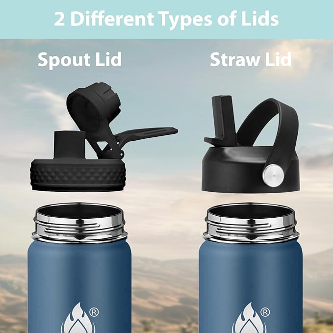 Insulated Water Bottle 24 oz with Straw, Stainless Steel Wide Mouth Water Bottle, Double Wall Vacuum Leak Proof with Straw Lid & Spout Lid for Sports or Office, Keep Cold or Hot Up to 24 Hrs