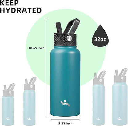 32 oz Insulated Water Bottle Stainless Steel Sport Bottles with 3 Lids,Light Blue