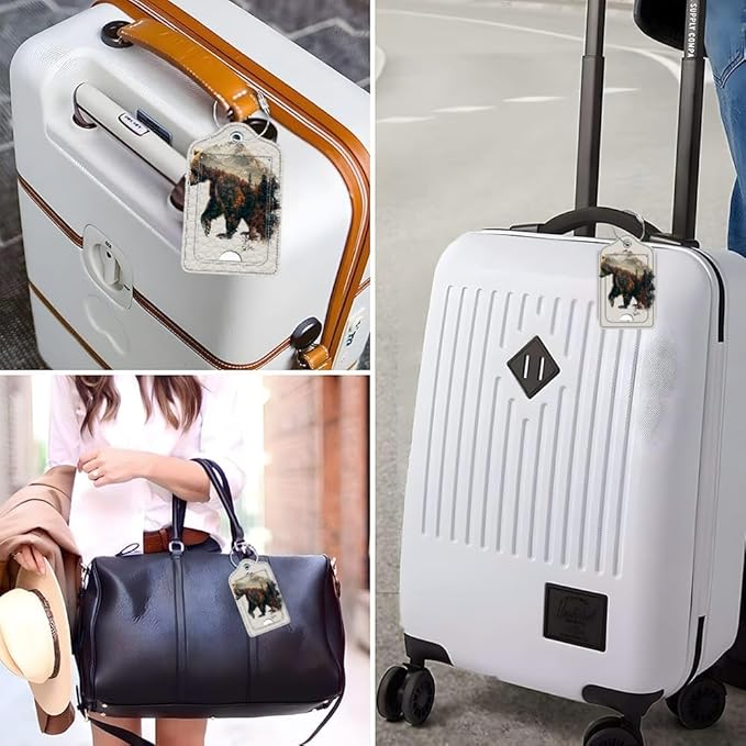 Funny PU Leather Luggage Tags 2-Pack Autumn Forest Bear Cute Pattern Suitable for Suitcase Stainless Steel Loop and Address Card Essential for Cruise and Airport Travel for Men and Women