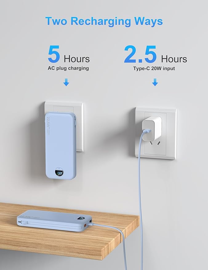 Portable Charger with Wall Plug, 12000mAh USB C Power Bank Fast Charging, External Battery Pack with Built in Cables, Digital Display, 5 Output 4 Input for iPhone Android Cell Phone Tablet