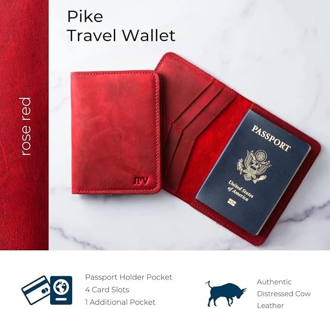 PEGAI Standard Full Grain Crazy Horse Leather Passport Holder | Custom Travel Passport Cover & Organizer | Handcrafted Leather Passport Wallet for Men and Women | Pike (Rose)