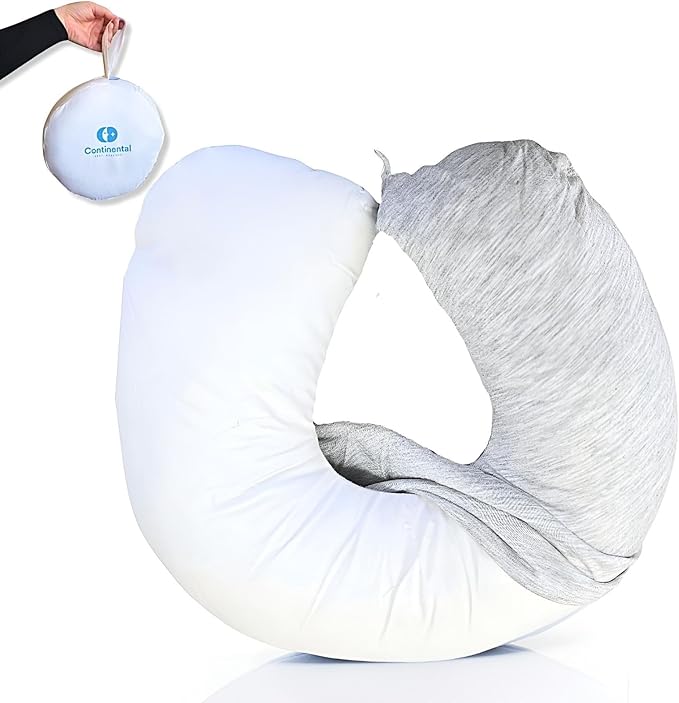 Continental Bedding - Travel Neck Pillow - U Shaped - White Down Fill - Removable Gray Viscose Derived from Bamboo Cover in Travel Case