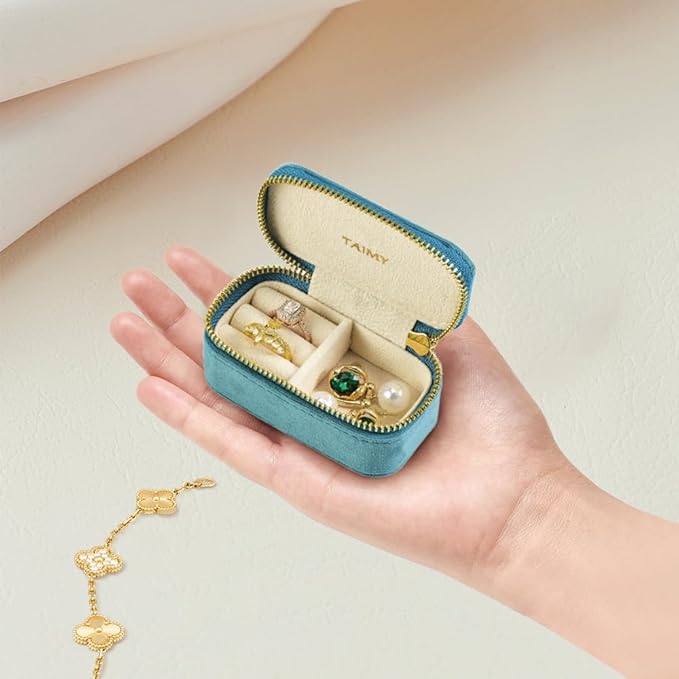 TAIMY Small Travel Jewelry Case, Mini Tiny Plush Velvet Jewelry Box for Women and Girls, Pocket Size Jewelry holder organizer for Rings Earrings and Small Items(Coral Blue)