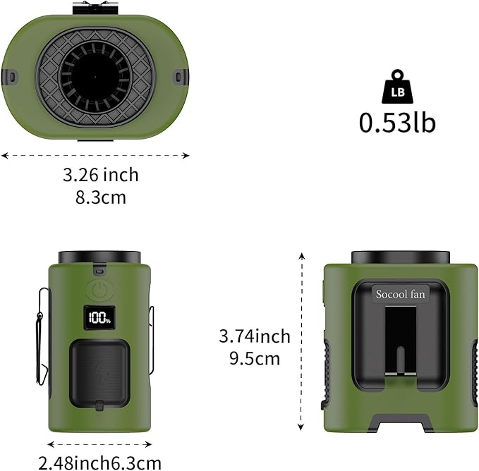 Socool Portable Waist Fan 5000mAh Rechargeable Mini Clip On Personal Fans with 13000RPM & 4 Adjustable Speeds, 25H Cooling Wearable Shirt Belt Hanging Neck Fan for Outdoor Working Jobsite (Green)