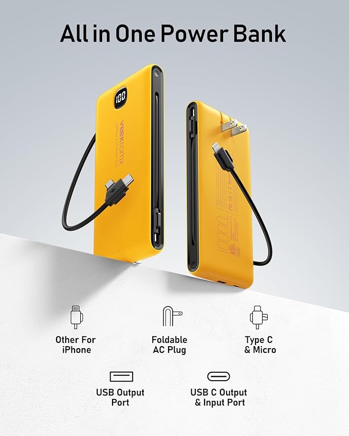 VEEKTOMX Portable Charger with Built in Cables 10000mAh, Power Bank for iPhone with Wall Plug, Travel Essential Fast Charging USB C Slim External Battery Pack for iPhone 17/16/15, Samsung, iPad, etc