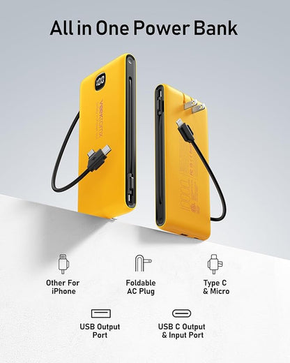 VEEKTOMX Portable Charger with Built in Cables 10000mAh, Power Bank for iPhone with Wall Plug, Travel Essential Fast Charging USB C Slim External Battery Pack for iPhone 17/16/15, Samsung, iPad, etc