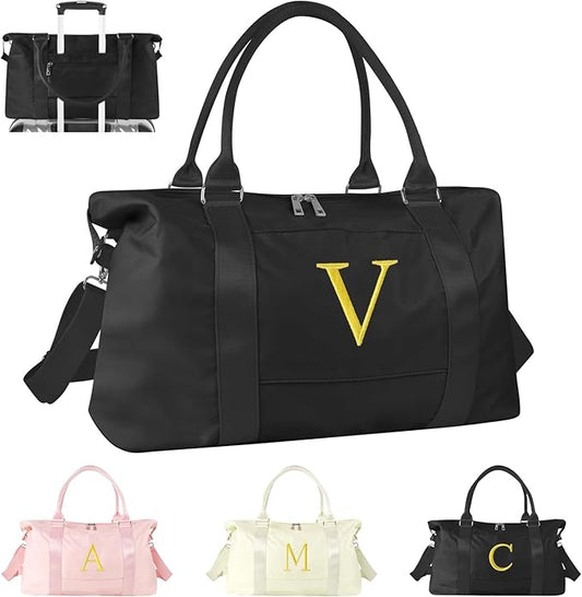 Personalized Initial Gym Dance Bag, Travel Duffel Bag for Teen Girls, Carry On Bag Overnight Weekender Bag with Trolley Sleeve, Birthday Gifts for Women Mom Daughter Graduation Gift(Letter V, Black)