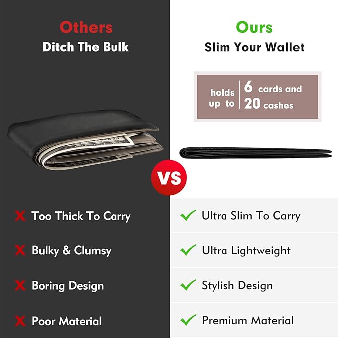 Genuine Leather Slim Bifold Wallet for Men, RFID Blocking Minimalist Design with ID Window and 6 Card Slots (Black)