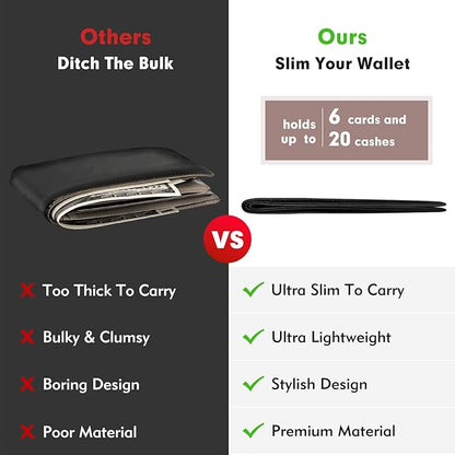 Genuine Leather Slim Bifold Wallet for Men, RFID Blocking Minimalist Design with ID Window and 6 Card Slots (Black)
