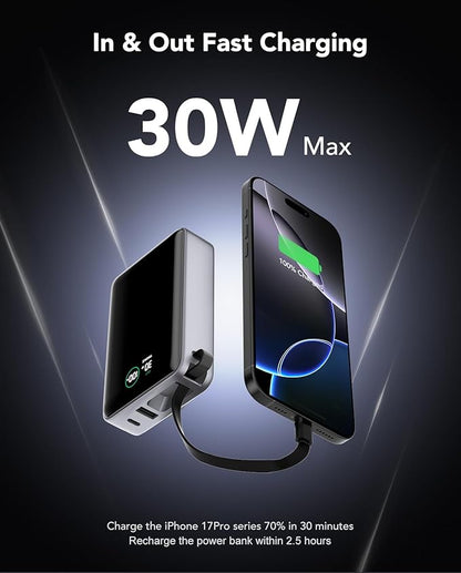 Portable Charger 20000mAh,30W PD3.0 and QC4.0 Fast Charging Power Bank,Built in Cable Phone Battery Pack Compatible with iPhone 17 16 15 14 Samsung Google iPad Laptop etc