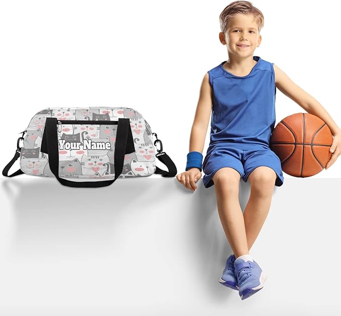 Custom Your Name Lovely Grey Cats Heart Personalized Text Gym Duffle Bag for Kids,Sports Bag for Teens Boys & Girls Small Waterproof Overnight Weekender Carry Practice Travel Bag