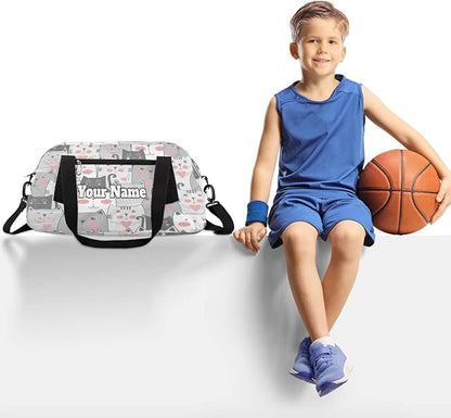 Custom Your Name Lovely Grey Cats Heart Personalized Text Gym Duffle Bag for Kids,Sports Bag for Teens Boys & Girls Small Waterproof Overnight Weekender Carry Practice Travel Bag