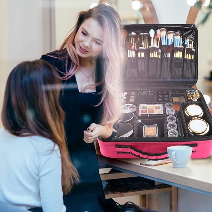 gzcz Travel Makeup Bag,Professional Cosmetic Bags for Women,Portable Makeup Brush Case Organizer Storage with Adjustable Dividers and Shoulder Strap (Medium)