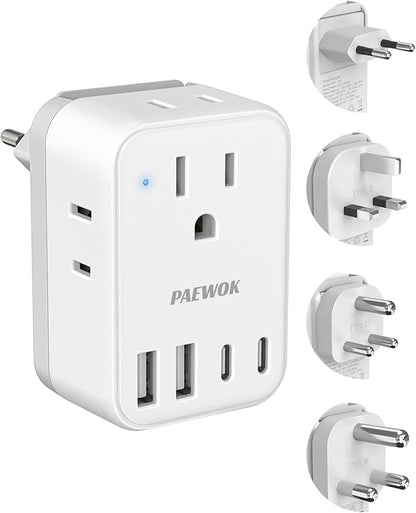 International Travel Adapter Set, US to UK/EU/South Africa/India Universal Power Adapter- 4 AC Outlets 4 USB Ports (2 USB C), Travel Plug Adapter Kit Include Type G/C/M/D Detachable Plug