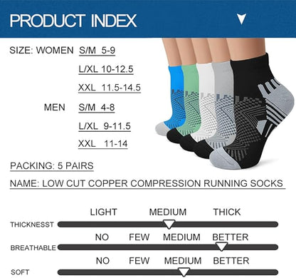 Iseasoo Copper Ankle Compression Socks - Low Cut Arch Support Socks for Men & Women, Running, Nurses, Plantar Fasciitis Socks