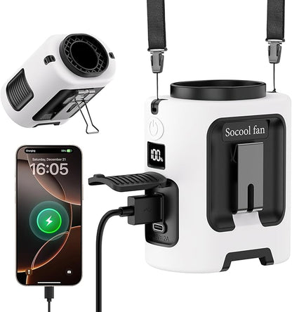 Socool Portable Waist Fan 5000mAh Rechargeable Mini Clip On Personal Fans with 13000RPM & 4 Adjustable Speeds, 25H Cooling Wearable Shirt Belt Hanging Neck Fan for Outdoor Working Jobsite (White)