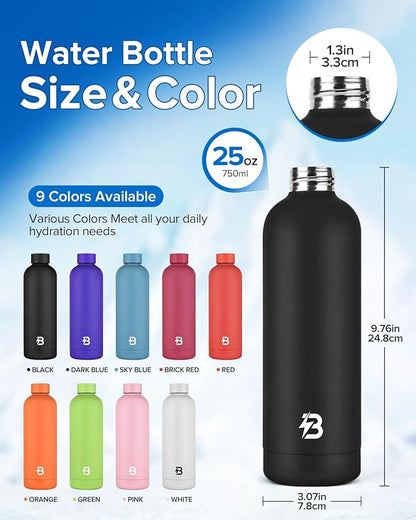 Insulated Water Bottle with Lid, 25 oz Reusable Leak-Proof Metal Stainless Steel Water Bottles for Travel, Sports, Gym, Outdoor (Black)