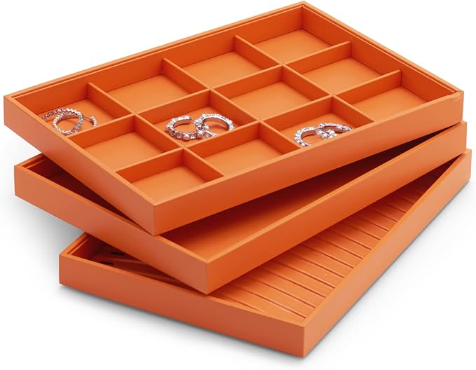 Oirlv Luxury Orange Leather Jewelry Tray Stackable Flat Jewelry Drawer Organizer Earrings Rings Bracelets Storage
