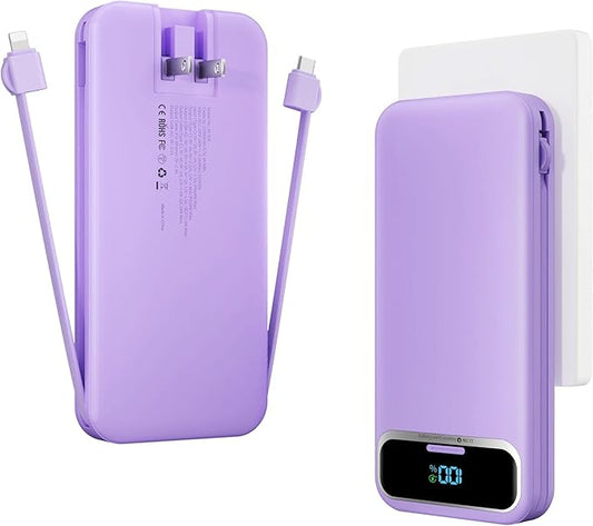 12000mAh Lightweight-Portable-Charger-Power-Bank with Built-in Cables and AC Wall Plug, PD20W USB-C Fast Charging Battery Pack, LED Display External Travel Phone Charger for All iPhone,Samsung,Android