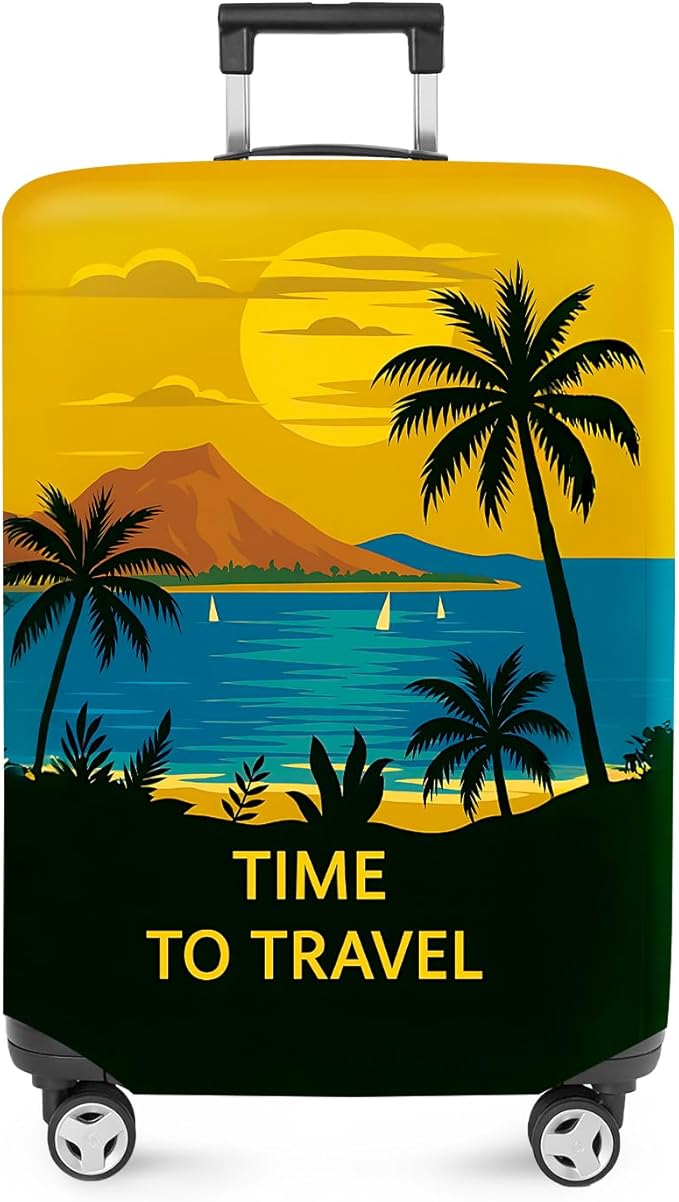 ANNA QUEEN Tropical Vacation Luggage Cover, Sunset & Beach Island Design, Stretchable, Washable Suitcase Protector for 20-34 Inch Luggage