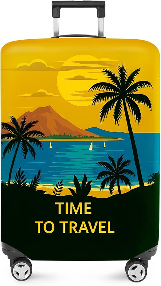 ANNA QUEEN Tropical Vacation Luggage Cover, Sunset & Beach Island Design, Stretchable, Washable Suitcase Protector for 20-34 Inch Luggage