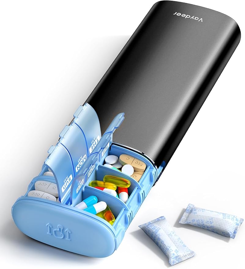 Vaydeer Metal 7 Day Pill Organizer 2 Times a Day – AM PM Weekly Travel Pill Case with Moisture-Proof Desiccant, Airtight Large Capacity Pill Box for Vitamins, Medications & Supplements (Black)