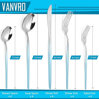 Gradient Blue Silverware Set, 20 Piece Stainless Steel Flatware Set, Kitchen Utensil Set include Knife/Fork/Spoon,Cutlery Service for 4,Mirror Polished