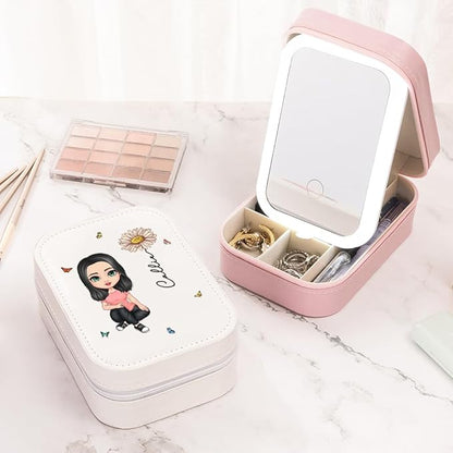 callie Personalized Travel Jewelry Box Case, Custom Cartoon Character and Birth Flower - Birthday Gifts for Mom, Christmas Gift for Women