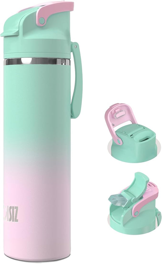 OISIZ Insulated Water Bottle 24 oz with 2 in 1 Spout and Straw Lid,One Click Safety Lock,100% Leakproof,Keep Cold 24H,Vacuum Stainless Steel Water Bottle for School,Travel and Sports,Dishwasher Safe