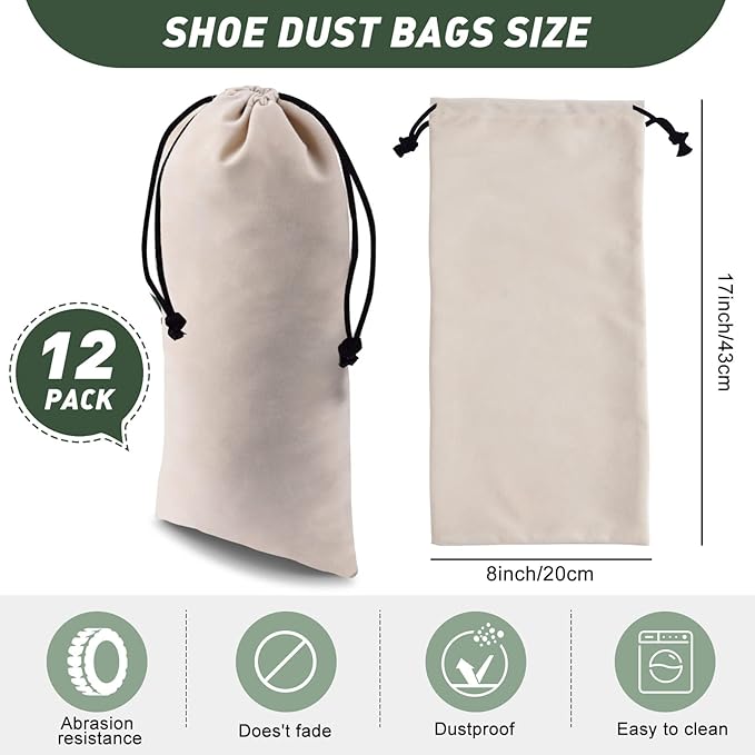12 Pcs Shoe Dust Bags Beige Duster Flannel Single Shoe Pouch with Drawstring Closure Washable Breathable Shoe Covers for Travel Home Luggage Handbags, 8 x 17 Inches