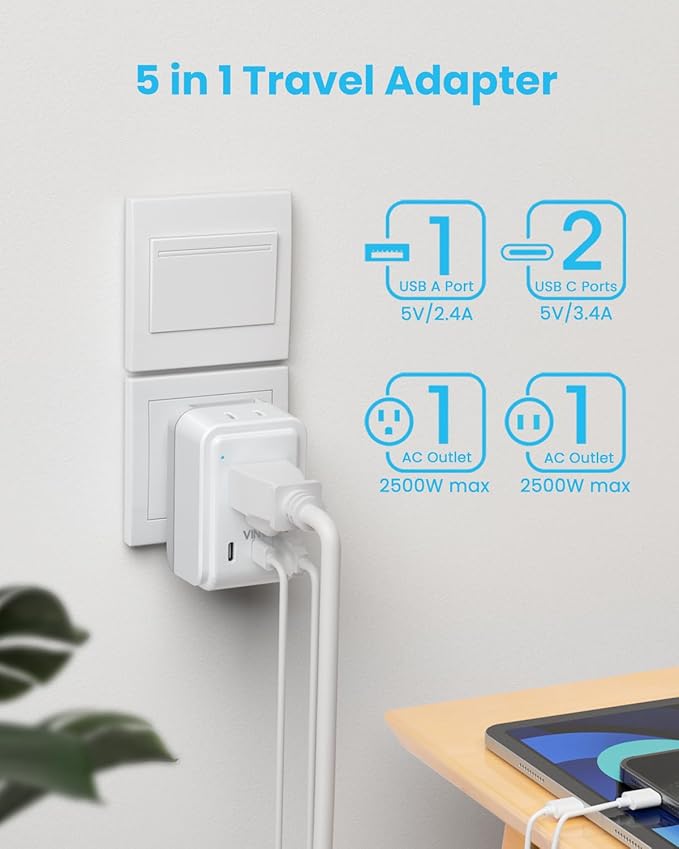 VINTAR Universal Travel Adapter Kit, International Power Adapter with 3 USB Ports (2 USB C, 3.4A) and 2 AC, Type A,C,D,E/F,G,H,I,L,M Detachable Attachments, Adapter for India/Africa/EU/UK//AU/JP/US