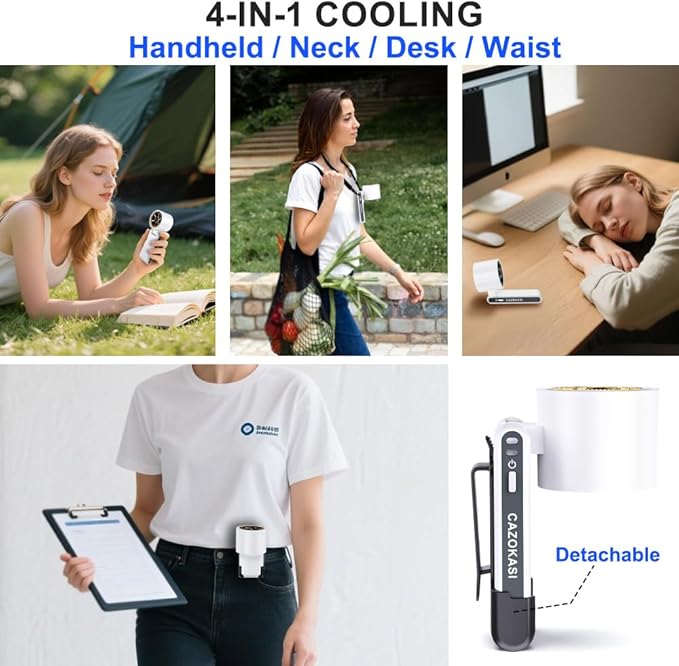 CAZOKASI Rechargeable Strong Wind Handheld Fan With Ambient Lighting 4 IN1 5000mAh Upto 22H For Desktop Waist Clip Neck (StrongWind/White)