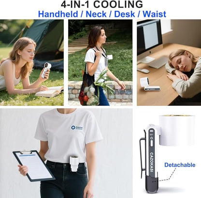 CAZOKASI Rechargeable Strong Wind Handheld Fan With Ambient Lighting 4 IN1 5000mAh Upto 22H For Desktop Waist Clip Neck (StrongWind/White)