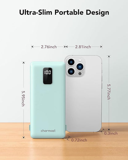 charmast Portable Charger with Built-in Cables and Plug, 10000mAh USB C Power Bank Fast Charging, External Battery Pack Slim, Travel Essentials Compatible with iPhones, Samsung Galaxy, iPad