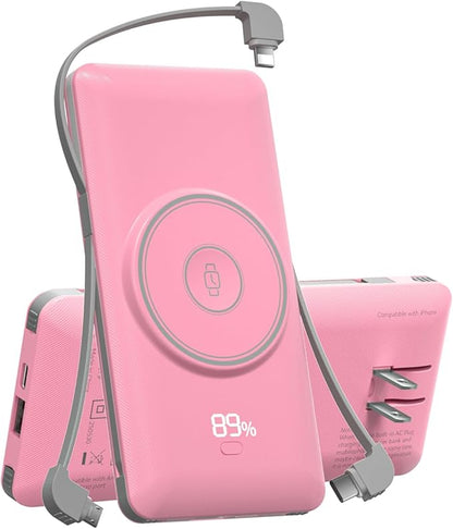 Magnetic 10000mAh Portable Charger for iWatch & iPhone, 22.5W USB C Fast Charging Wireless Power Bank Built-in Cables and Wall Plug, External Travel Battery Pack Compatible with iOS Android Devices