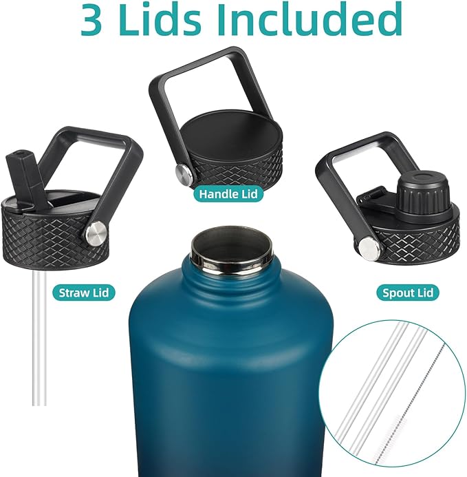 Gallon Insulated Water Bottle with Straw,128 oz 3 Lids Water Jug with Carrying Bag,Paracord Handle, Double Wall Vacuum Stainless Steel Metal Flask,Indigo Black