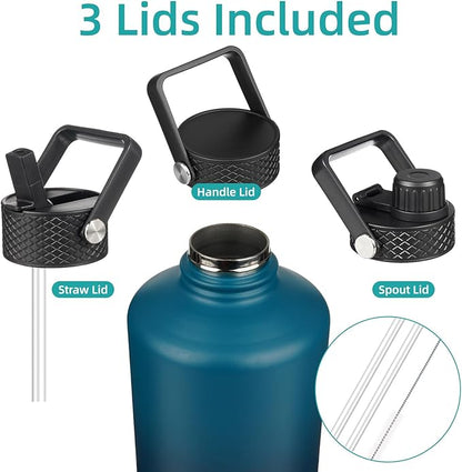 Gallon Insulated Water Bottle with Straw,128 oz 3 Lids Water Jug with Carrying Bag,Paracord Handle, Double Wall Vacuum Stainless Steel Metal Flask,Indigo Black