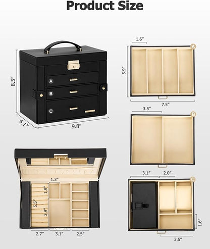 Homde 2 IN 1 Jewelry Box for Women Girls with Small Travel Case Mirror Necklace Ring Earrings Organizer - Christmas Gifts (Black + Gold)