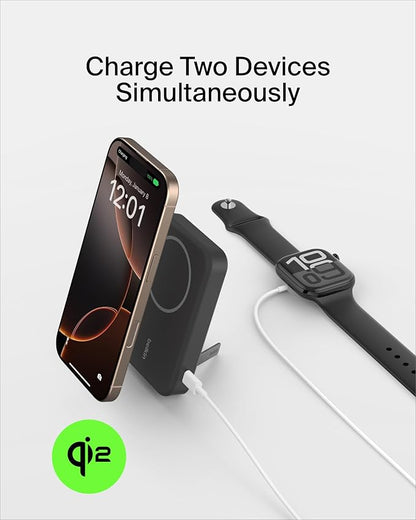 Belkin Portable Charger, Wireless Power Bank 15W 8000 mAh w/ Qi2 - MagSafe Charger w/Built-in Pop-up Kickstand - iPhone 17, Air, Pro, Pro Max, AirPods, Apple Watch, Google Pixel 10, etc. - Black