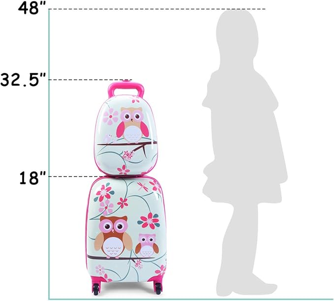 HONEY JOY Kids Luggage, 12” Travel Backpack & 16” Hard Shell Toddler Suitcase, Children Rolling Luggage with Wheels, Retractable Handle & 4 Casters, 2Pcs Carry On Luggage Set for Boys Girls (Owl)