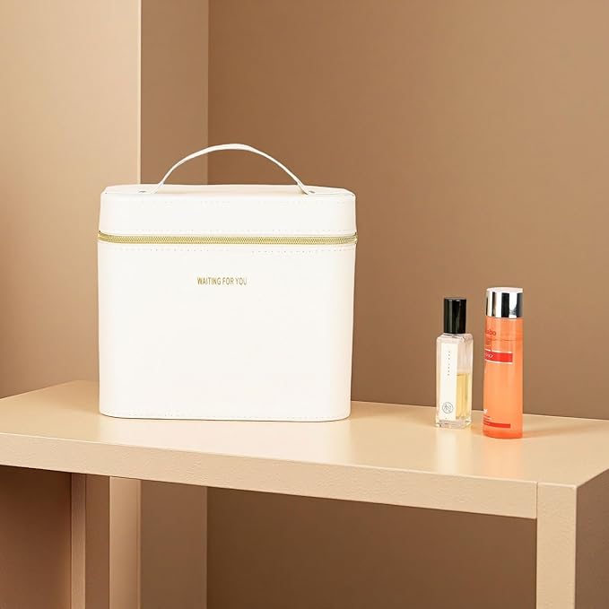 Luxury makeup box, Portable leather hard cosmetic case with mirror, cosmetic case organizer,Professional train case for women adults. (White)