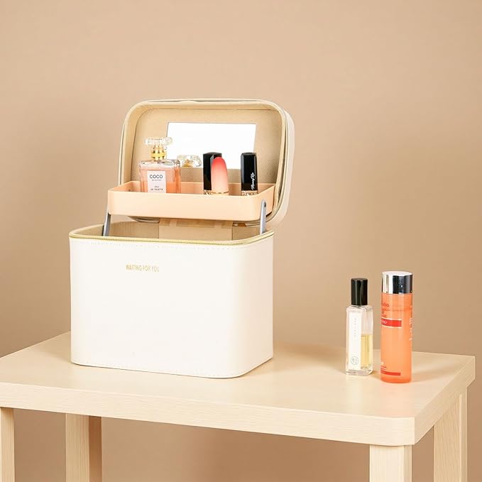 Luxury makeup box, Portable leather hard cosmetic case with mirror, cosmetic case organizer,Professional train case for women adults. (White)
