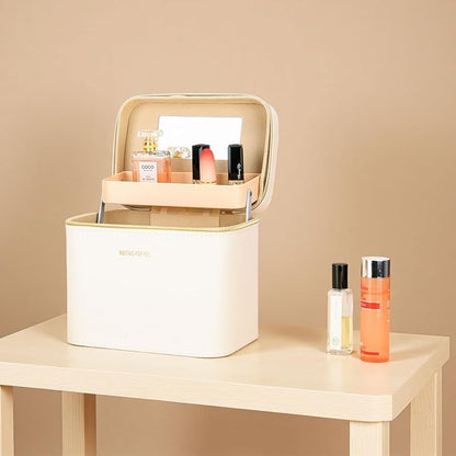 Luxury makeup box, Portable leather hard cosmetic case with mirror, cosmetic case organizer,Professional train case for women adults. (White)