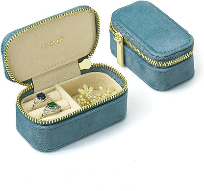 TAIMY Small Travel Jewelry Case, Mini Tiny Plush Velvet Jewelry Box for Women and Girls, Pocket Size Jewelry holder organizer for Rings Earrings and Small Items(Coral Blue)