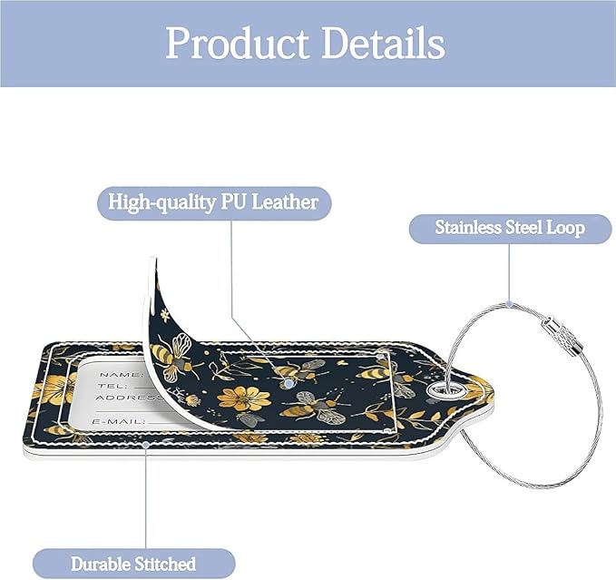 Funny PU Leather Luggage Tags 2-Pack Suitable for Suitcase Stainless Steel Loop and Address Card Essential with Cruise and Airport Travel Vintage Yellow Bee Floral Cute Pattern