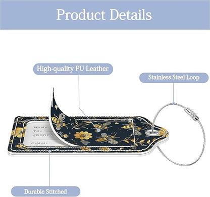 Funny PU Leather Luggage Tags 2-Pack Suitable for Suitcase Stainless Steel Loop and Address Card Essential with Cruise and Airport Travel Vintage Yellow Bee Floral Cute Pattern