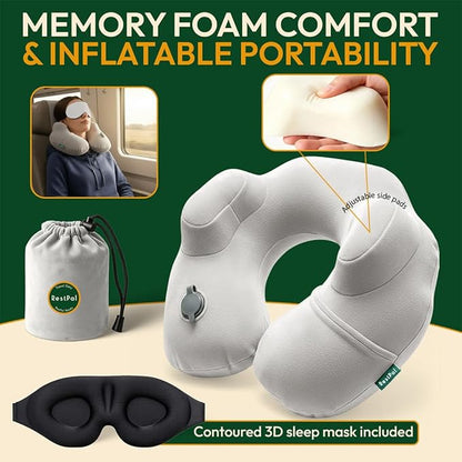 Adjustable Memory Foam Sides Inflatable Travel Neck Pillow | Super Soft, Compact & Portable Neck Support Pillow (Light Gray, Standard)