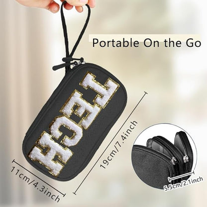 COSHAYSOO Small TECH Pouch Electronics Organizer Travel Bag Chenille Letter Case Personalized Women Graduation Gift for Her, Cord Charger Cable Traveling Accessory Airplane Cruise Essentials Black