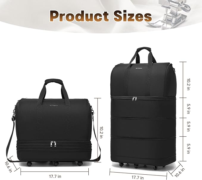 Collapsible Rolling Garment Bags, Large Rolling Duffle Bag with Wheels Convertible Travel Garment Bag for Men Women Carry On Garment Bag for Travel Suitcase Suit Business Travel Bag, Black